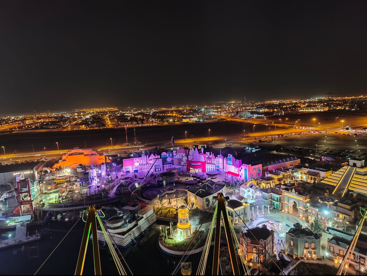 Aerial night view across Boulevard World in Riyadh